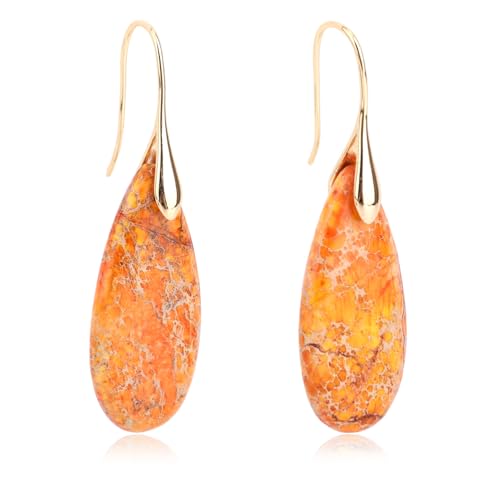 Pendientes de Piedra Natural, Pendientes Colgantes Aro de Pesca Modernos Ligeros con Un Toque Gota Agua Joyería Piedra Ideal Como Regalo Cumpleaños para Mujer (Naranja, Oro)