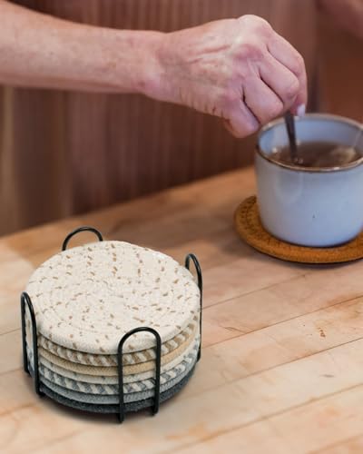 قواعد أكواب مشروبات مع حامل، قواعد أكواب ماصة للمشروبات، مجموعة قواعد أكواب قطن منسوجة لطاولة القهوة وديكور المنزل والبار، 8 قطع، 8 ألوان، 11 سم