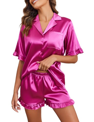 Image of Ekouaer Satin Pajama Set for Women Button Down Silk 2 Piece Pj Sets Ruffle Short Sleeve Sleepwear