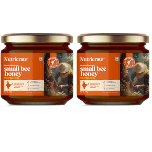 Image of Nutricrate Small Bee Honey (900g) Pure and Natural | No Sugar Adulteration | Kombu /Stingless Bees Raw Honey from Jungles of Western Ghats (Pack of 2-450g x 2)