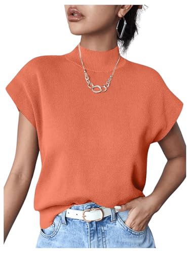 Image of OYOANGLE Women's Mock Neck Cap Sleeve Ribbed Knit Sweater Top Pullover Casual Office Shirts Orange X-Small