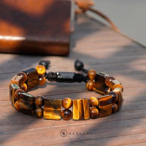 Tiger Eye Bracelet for Men, HASKARE Natural Men Beads Bracelet Energy Healing Stone Protection Crystals for Anxiety, Genuine Crystal Mens Beaded Bracelet Drawstring Unique Jewelry Gift for Mens Balance4
