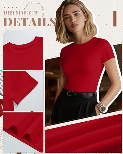 Image of Evervibe Women Built-in Bra Short Sleeve Shirts Crewneck T-Shirt Slim Fit Going Out Tops Casual Summer Basic Tees