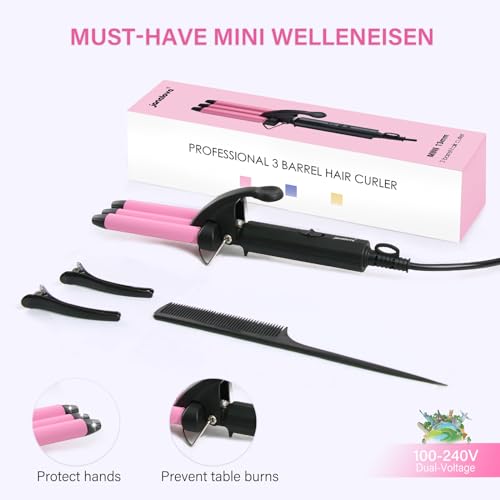 Mini Welleneisen für kurze haare - janelove 13mm Beach waves Lockenstab für kurze haare, 200°C Keramik Lockenstab 3 Fässer Welleneisen für Reisen - Rosa