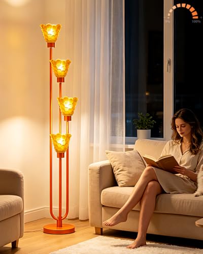 Image of Lightdot Glass Floor Lamp Dimmable 4-Light Orange Shade Gold Floor Lamps | Mid Century Modern Standing Tall Lamp with 5Lbs Heavy Base for Living Room /Bedroom /Sofa Beside /Corner Decor -Bulbs Included