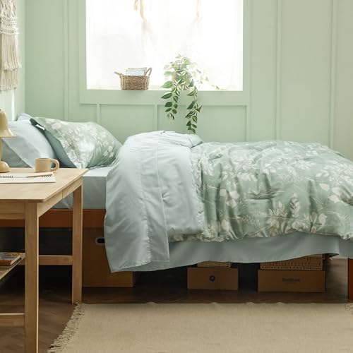 Image of Bedsure Floral Sage Green Comforter Set, Twin-XL Bedding Sets, Dorm, 5 Pc | Bed in a Bag, Bedroom, Dorm Room,Reversible, Fluffy, Whisper-Quiet, All-Season, Polyester, Easy Care, Botanical-Chic, OEKO