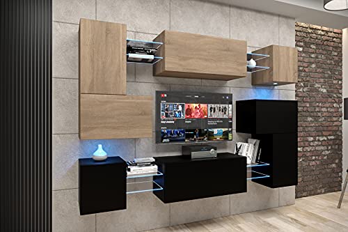 Furnitech Albana AN3N-21SB-M11-1A Meuble mural de salon avec LED blanches à suspendre, armoire murale moderne de salon, armoire murale avec étagères et...