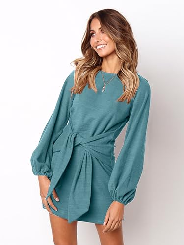 Image of PRETTYGARDEN Womens Spring Elegant Long Lantern Sleeve Short Dress Wedding Guest Crewneck Tie Waist Knit Cocktail Dresses
