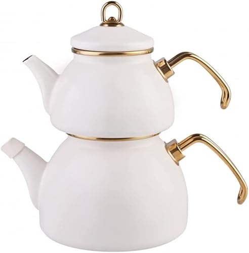 Karaca Retro Emaille Teekannen Set, Creme, Induktionsgeeignet, Teekocher, Wasserkocher, Teeaufguss 1,1L, Wasserkanne 2,3L, Türkische Teekessel, Tea Maker, Caydanlik