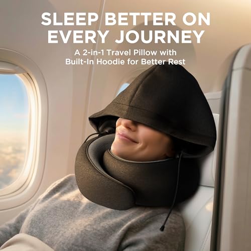 Image of Dot&Dot Travel Pillow Neck Pillow with Hood for Airplane Sleeping, Memory Foam Pillow with Chin Support, Detachable Hoodie, Washable Cover, Adjustable Velcro Fit for Flights, Car & Office