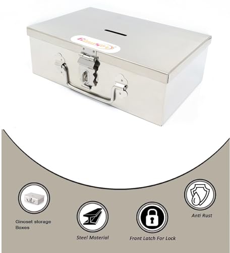 Image of Stainless Steel Storage Boxes - Multi-Purpose Safe Locker and Cash Box with Removable Tray (4 Compartments) for Shop Counter Drawer