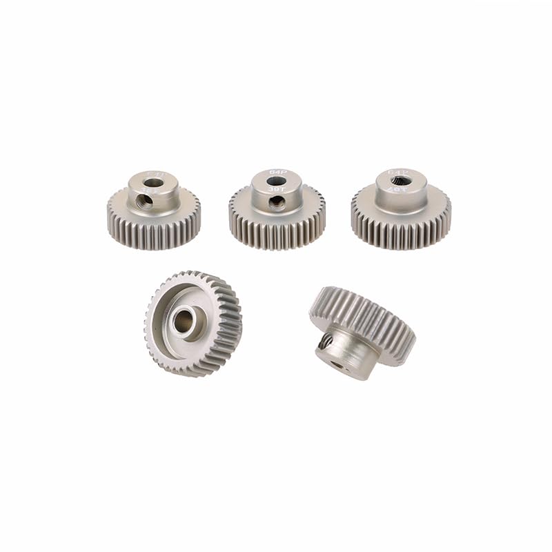 5pcs 64P 3.175mm (21T to 50T) Aluminum Alloy Metal Pinion Motor Gear for 1/10 RC Model - Includes Hex Key (21T-22T-23T-24T-25T)