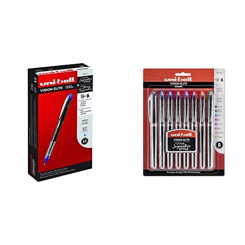 uni-ballVision Elite Rollerball Pens Fine Point Micro Tip, 0.5mm, Blue, 12 Pack Vision Elite Rollerball Pens Fine Point Micro Tip, 0.5mm, Assorted, 8 Pack