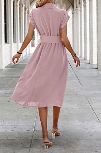 Image of ECOWISH Womens Casual Midi Dresses Solid V Neck Short Sleeve Button Shirt Belted Dress with Pockets for Spring Summer 2026