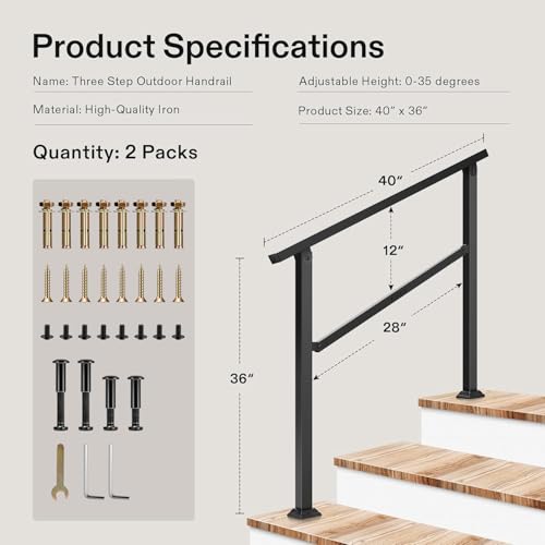 Image of VIVOSUN 2-Pack Outdoor Handrail, 3 Step Stair Handrail, 40 inch x 36 inch Fits 1 to 3 Steps, Wrought Mattle Iron Handrail for Concrete Steps, Porch Steps, One-Step Assembly, 2 Packs, Black