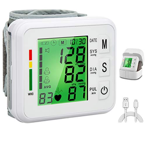 Topffy Blood Pressure Monitor,Digital BP Cuff Wrist BP Cuff Monitor Automatic Large Backlight Display Rechargeable Wrist Blood Pressure Monitor Pulse Rate Monitoring Meter BP Machine for Home