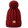 Trifabricy Womens Winter Hat Knit Crossed Cap Beanie Hats for Women Soft Warm Lined with Faxu Fur Pom Poms for Cold Weather Working Skiing Hiking Red