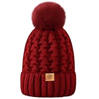 Trifabricy Womens Winter Hat Knit Crossed Cap Beanie Hats for Women Soft Warm Lined with Faxu Fur Pom Poms for Cold Weather Working Skiing Hiking Red