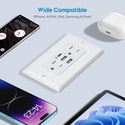 ECOELER USB Wall Outlets, 6.0A Charging Power Outlet with Type A & Type C Ports, 15 Amp Tamper Resistant Receptacle with 3 USB Ports, Wall Plate Included, UL & FCC Listed, White