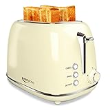 2 Slice Retro Toasters, Keenstone Stainless Steel Toaster with LED Timer Display and 1.5'' Wide Slot, Defrost/Reheat/Cancel Fuction, 6 Toasting Shade Settings, Removable Crumb Tray, Cream