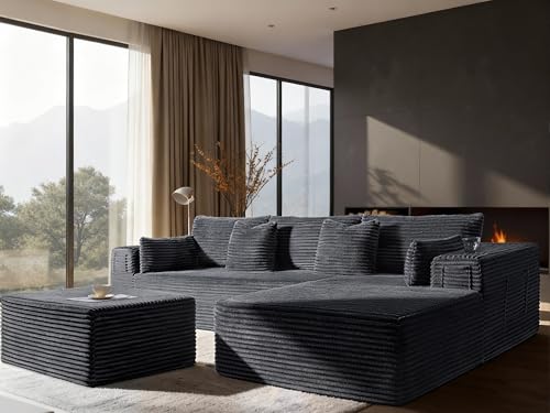 Image of 108 inch Oversized Cloud Sectional Couch, Comfort U Shaped Boneless Couch for Living Room, Extra Deep Seats No Assembly, Modular Sofa, Corduroy (Dark Grey, 2 Seater + Right Facing Chaise + Ottoman)