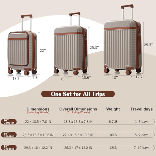 Image of Hardshell Luggage, Lightweight Suitcase with Spinner Wheels, KHAKI+USB