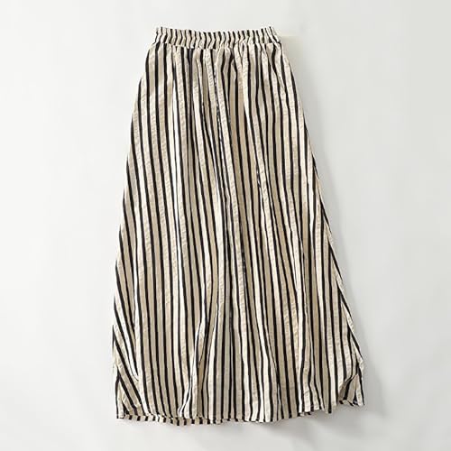 Women's Striped Linen Skirts Elastic Waist Long Flowy Bohemian Casual Summer A Line Maxi Skirt with Pockets White3