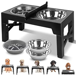 Elevated Dog Bowls, 5 Heights Adjustable Elevated Dog Bowls with Partition & Non-Slip Feet, Dog Feeder with Stainless Steel & Slow Feeder Dog Bowls, Raised Dog Bowls for Medium Large Dogs