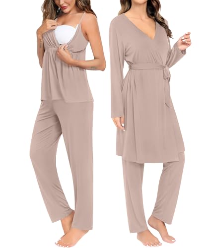 Image of SWOMOG Maternity Nursing Robe Set 3 Piece Breastfeeding Pajamas 3 in 1 Labor Delivery Sleevless Tops&Long Pants Pregnancy Pjs