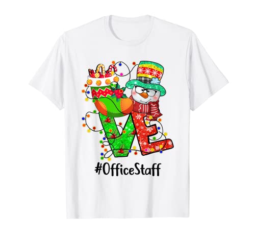 Love Office Staff Muñeco de nieve Sombrero de Papá Noel Luz de Navidad Camiseta