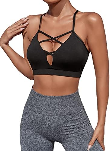 Milumia Women Criss Cross Low Cut Sports Bra Contrast Fishnet Padded Workout Bras Black Medium
