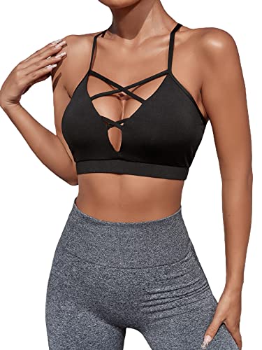 Milumia Women Criss Cross Low Cut Sports Bra Contrast Fishnet Padded Workout Bras Black Medium #TOP1