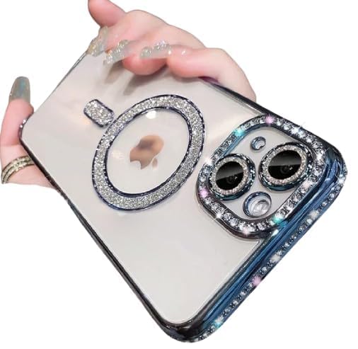 Image of Cute Compatible with iPhone 15 Diamond Glitter Case,Luxury Bling Rhinestone Soft Clear TPU Bumper Case,Compatible with MagSfe and Camera Lens Protection Cover for Women Girls (Blue)