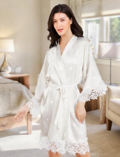 Image of EPLAZA Sparkly Rhinestone Bride Robe for Wedding Day Set Bridal Robe Lace Trim Silky Satin Kimono for Bridal Bachelor Party