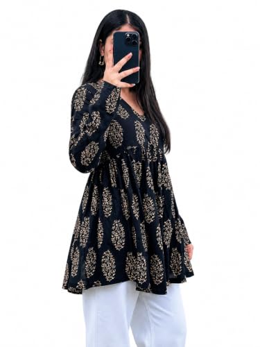 Image of Women's V Neck Anarkali Short Kurti for Women Full Sleeve Floral Print |Stylish Kurtis & Short Kurtis for Woman | Casual Kurti with Jeans | Kurtas for Woman