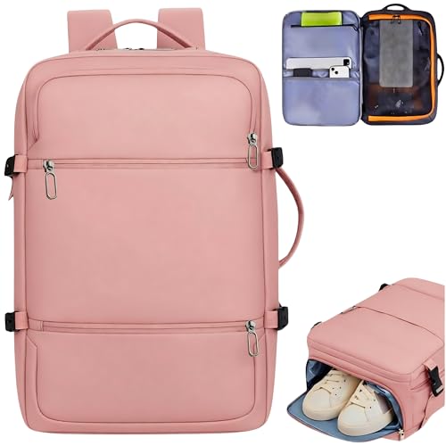 Mochila de Viagem Avião 40L Expansível Impermeável Bagagem de Mão Cabine Notebook 17' Compartimento Sapatos USB - Rosa