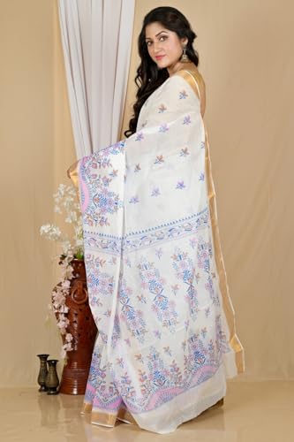 Image of eC ESHA'S COLLECTION Women's Kerala Cotton Floral Motif Printed Zari Bordered Tant Saree Without Blouse Piece