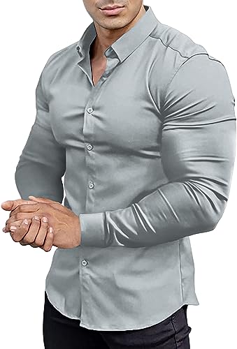 EOUOSS, Camisas de Vestir para Hombre de Ajuste atlético, Corte Estrecho, Manga Larga, elástica, Estilo Informal, con Botones, Gris Hierro, Small