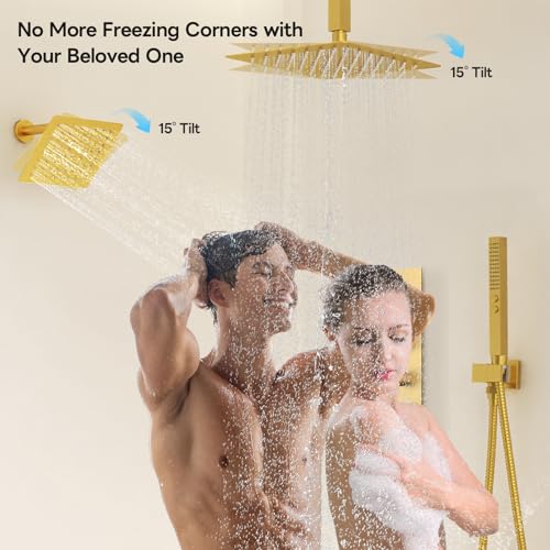 Image of Shower Faucet Set,Thermostatic Shower System Brushed Gold,12 Inch Ceiling Mounted and 6 Inch Wall Mount Rain Shower Head with 2 in 1 Handhled,High Pressure Dual Shower Head Combo Set