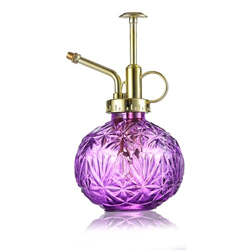 KoGiio Pflanzen Glas Sprühflasche, 240ml Retro Relief Pflanzensprüher mit Pumpe, Blumen Zerstäuber Drucksprüher für Balkon Kleiner Gartenpflanzen Indoor Haus Oder Büro Lila + Goldener Sprühkopf