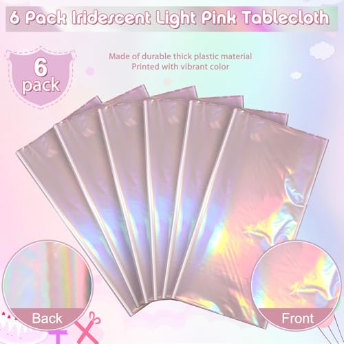 Image of 6 Pack Iridescent Light Pink Tablecloth for Parties, Pastel Pink Holographic Plastic Table Cover, Disposable Laser Baby Pink Table Cloth for Birthday Wedding Baby Shower Party Decorations, 54x108 Inch