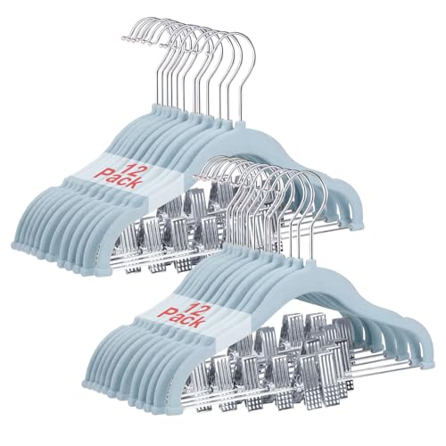 Wellong Appendiabiti per Bambini con clip, 30cm Grucce per Bambini con Ganci Girevoli a 360°, Grucce di Velluto Antiscivolo per Camicie, Pantaloni, Gonne, Abiti, Giacche, Cappotti 24 Pezzi (Blu)