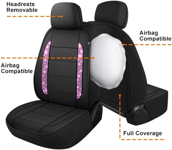 Miniatura 7 de Juego completo de fundas de asiento de automóvil de cuero brillante para mujeres y niñas, funda de asiento impermeable con diamantes de imitación