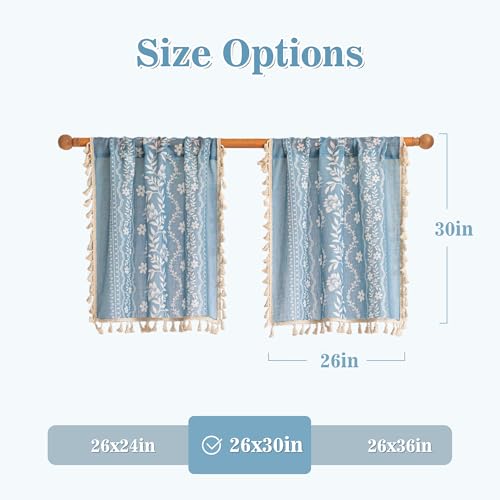 Image of MYSKY HOME Short Boho Floral Tier Curtains 30 Inch Length for Cafe 2 Pcs | Linen Blend Semi Sheer Drapes Rod Pocket Light Filtering with Tassels for Cafe Bathroom over Sink, Dusty Blue, 26 inch Wide