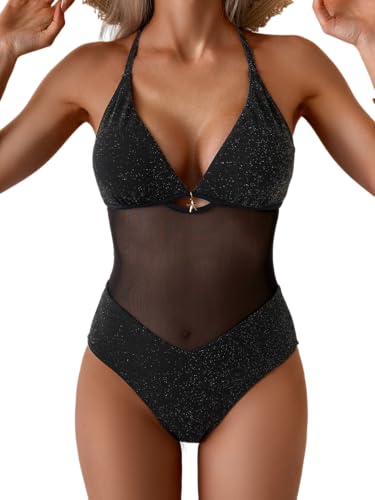 Women's Mesh One Piece Swimsuit Tummy Control Slimming Bathing Suit V Neck Cutout Shiny Swimwear