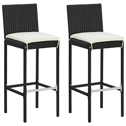 vidaXL 2x Garden Bar Stools with Cushions Outdoor Patio Terrace Backyard Furniture Lounge Seat Counter Height Stool with Back Black Poly Rattan