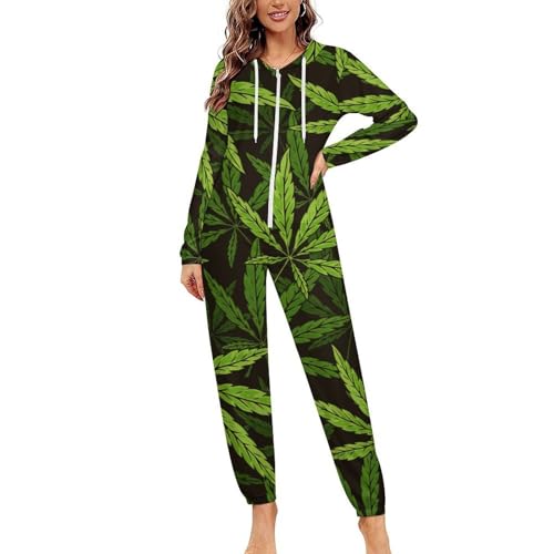 AKBLVS Weed Pot Leaves Hooded Onesie Pajamas Sets for Women Men Long Sleeve Vintage Couple One-Piece Zip Up Cosplay Party 3XL