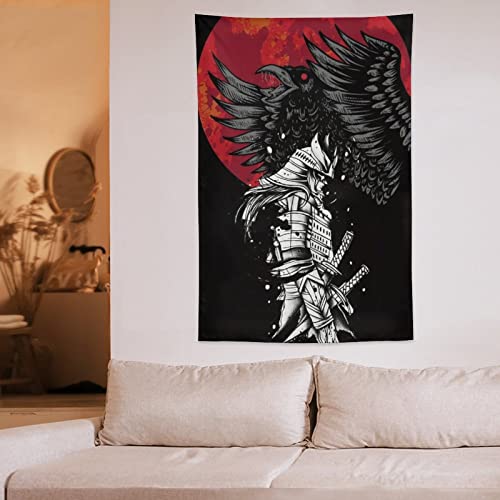 Qlazo Japanese Samurai Guard Black Crow Sunset Art Tapestry Tapestry Wall Hanging Curtain Decor Bedroom Home Living Room Wall Art Tapestries 40"X60" #TOP5
