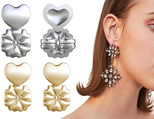 2 Pairs Adjustable Magic Earring Lifters Hypoallergenic Earring Backs Love Heart Stud Back for Droopy Ears(Gold+Silver)