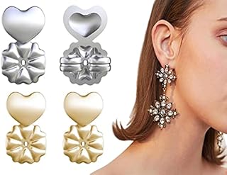 2 Pairs Adjustable Magic Earring Lifters Hypoallergenic Earring Backs Love Heart Stud Back for Droopy Ears(Gold+Silver)